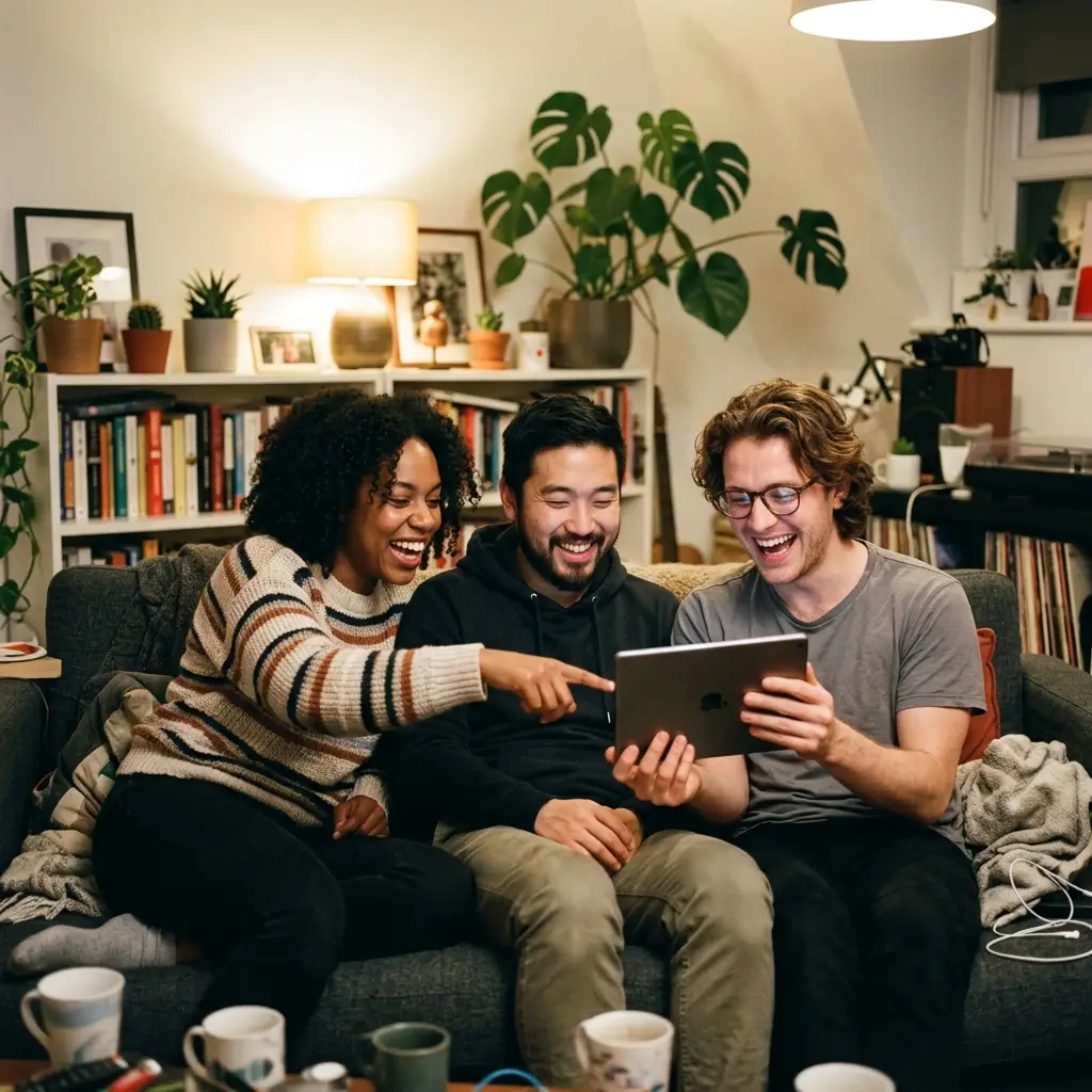 Freunde, die auf einen Bildschirm schauen und lachen