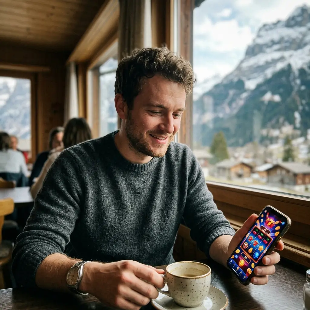 Schweizer Mann in einem Café, der auf seinem Smartphone spielt